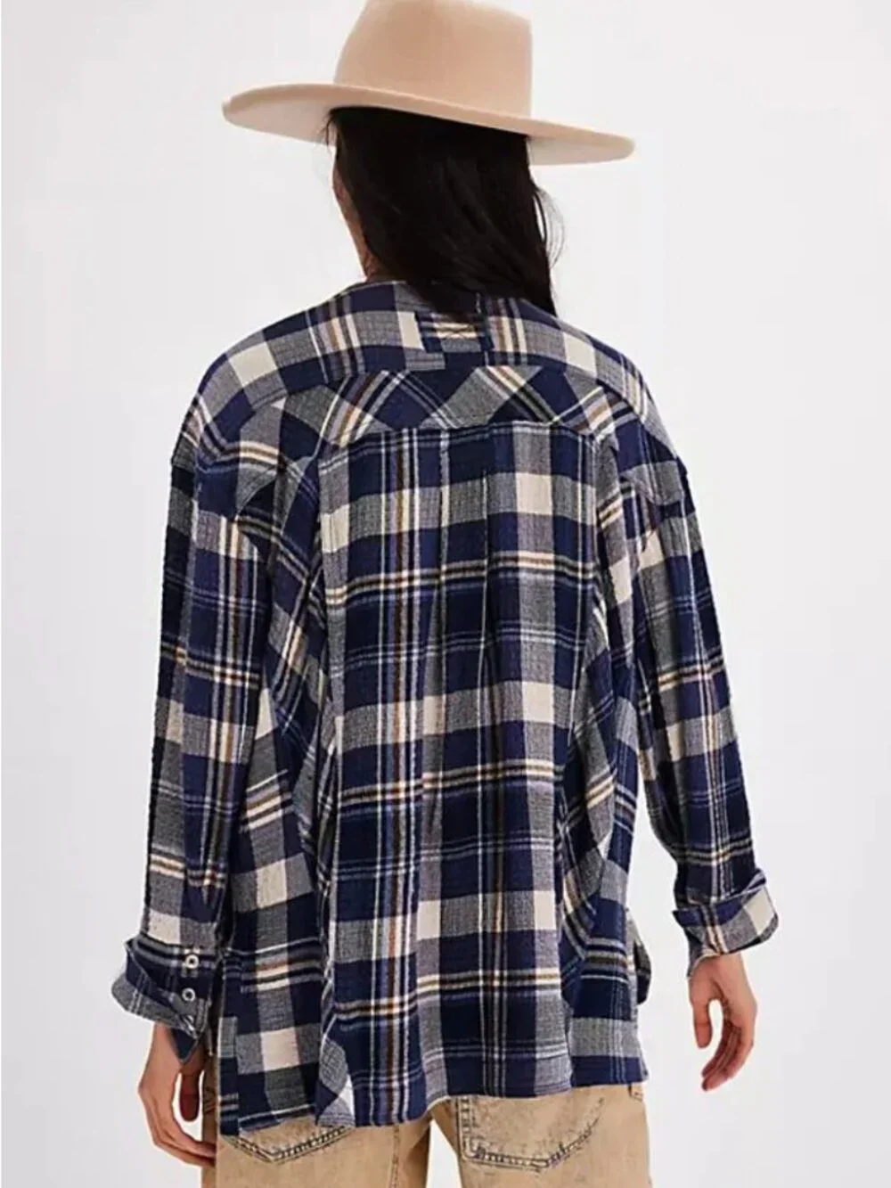 Free People We The Free By The Shore Plaid Shirt XS Blue Oversized V-Neck Pullov
